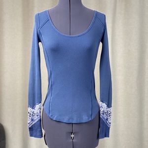 Blue Henley with patterned cuff detailing